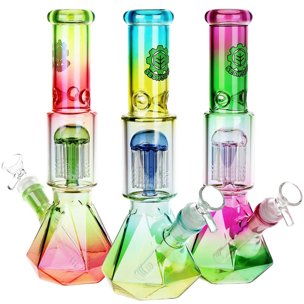 3 Pack Bundle - SeshGear Prism Ombre Glass Water Pipe - 10.25" / 14mm F / Assorted Colors