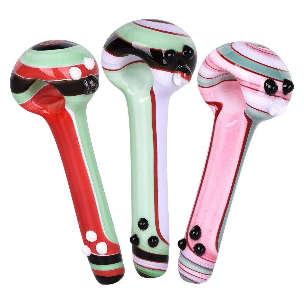 4CT BUNDLE - Cream Stripes w Marbles Glass Spoon Pipe - 4.75" / Assorted Colors
