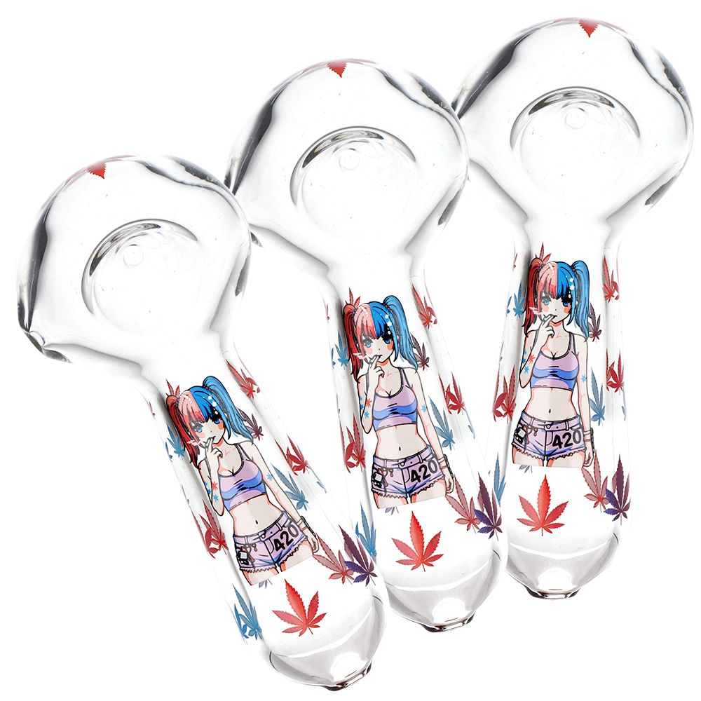 420 Anime Girl Glass Spoon Pipe - 4.5" 3 Pack