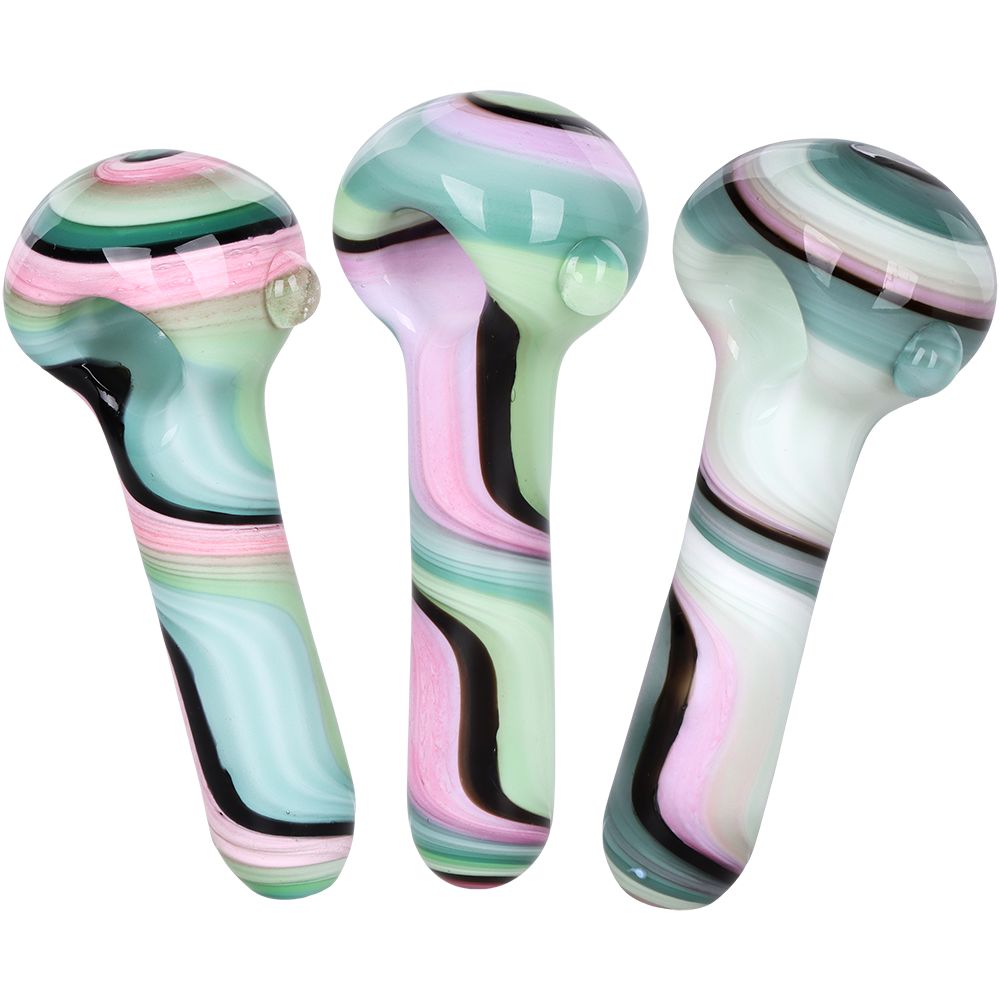 3CT BUNDLE - Heady Ribbons Glass Spoon Pipe w Marble - 4" / Assorted Colors